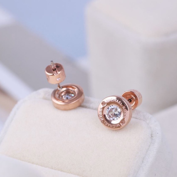 Michael Kors Rose Gold Crystal Logo Stud Earrings - Picture 4 of 12